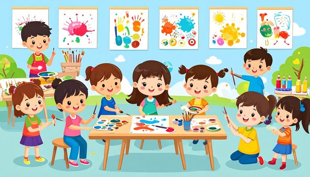 Happy children painting in art class - preschool education and creativity