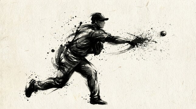 Sumi-e style illustration of a baseball pitcher throwing sidearm