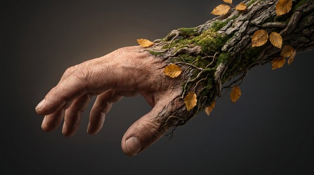 Human hand transitioning into tree bark with green moss and autumn leaves on an arm mossy hand nature hand wooden arm fantasy hand reaching creature woodland