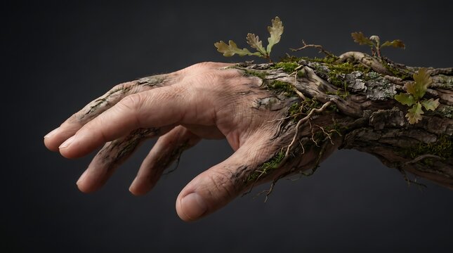 Human hand covered in tree bark and green moss reaching out against a dark background with mossy hand bark skin nature hand wooden hand fantasy hand creature hand
