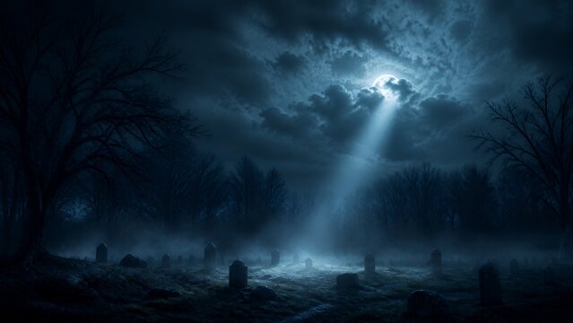 Wide Moonbeam Over Foggy Cemetery Clearing