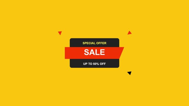 Special offer sale animation with fifty percent discount on a bright yellow background