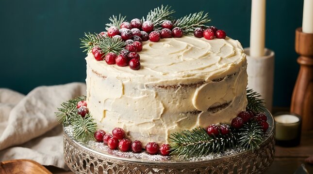 A beautifully decorated festive cake adorned with cranberries and pine perfect for a joyful christmas celebration