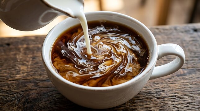 Fresh milk being poured into a hot cup of black coffee creating artistic swirl patterns on a rustic wooden table surface perfect for cafe marketing designs.