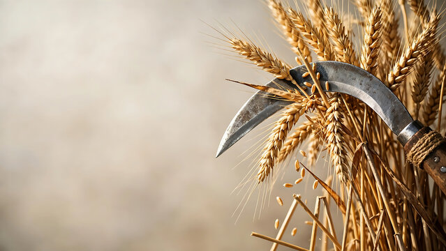 Traditional metal sickle harvesting golden ripe wheat stalks on a rustic background for agricultural concept and organic grain production