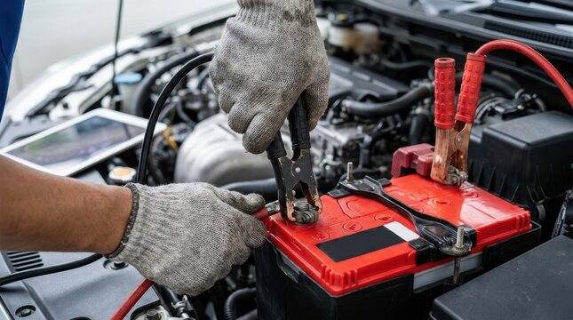 Hands in protective gloves using jumper cables to start red car battery under open hood of vehicle in garage.