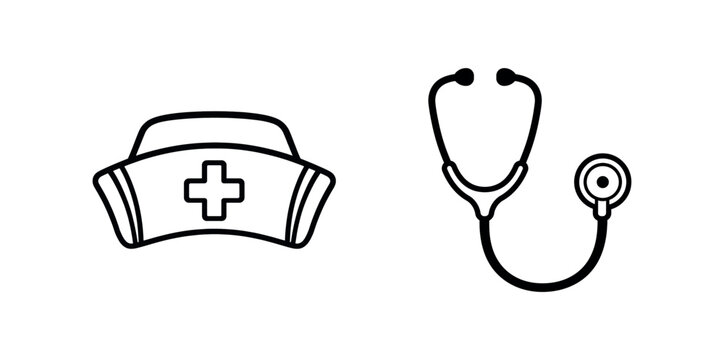 Minimalist nurse hat and stethoscope line icons set in black isolated on a white background representing healthcare professionals and clinical nurse practitioners.