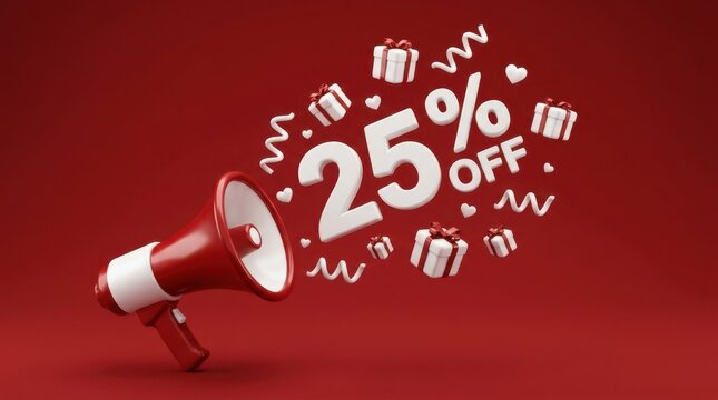 Red megaphone announcing twenty five percent off sale with floating white gift boxes and confetti on backdrop.