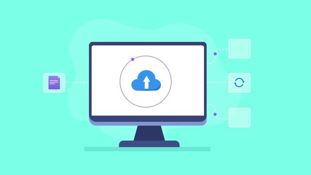 Animated video showing cloud storage synchronization on a computer monitor, connected to file, chart, folder, and refresh icons on a turquoise background.