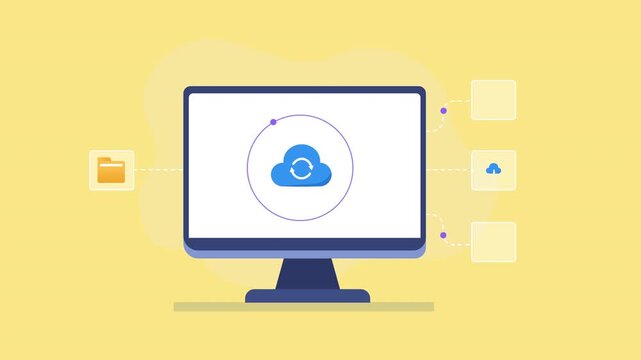 Animated video showing secure cloud storage on a computer monitor with folder, download, and shield icons connected around the screen on a yellow background.