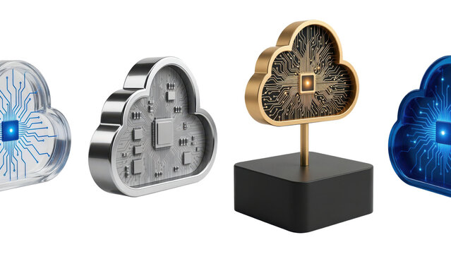 Four distinct cloud computing featuring integrated circuit board patterns and glowing electronic chip components isolated on a transparent background