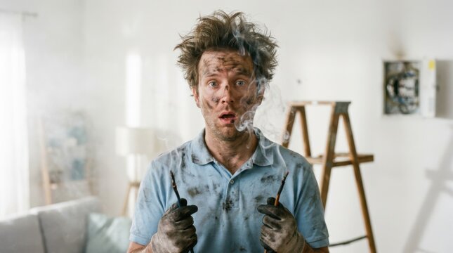 Shocked electrician with charred face holding smoking wires after electrical short circuit during home repair.