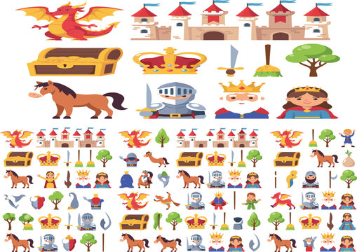 Medieval Fairytale and Fantasy Castle Vector Element Set featuring Dragon, Knight, King, Queen, and Treasure Chest for Game and Storybook Graphic Designs