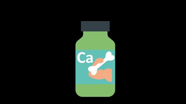 Calcium bone health supplement bottle container flat medical vector animation
