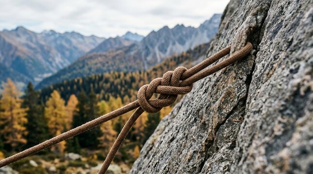 Climbing Safety and Rope Anchoring, Secure Knot Fixed to Mountain Rock