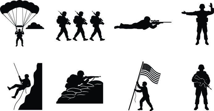 Black silhouette vector set of military activity icons including paratrooper, rifleman, and flag raising