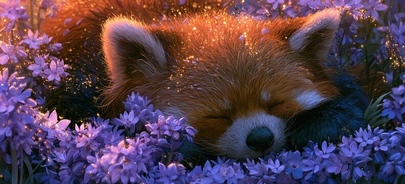 Drowsy red panda nestled among violet wildflowers, illuminated by dying embers of golden sunset, shimmering light particles in breeze, serene meadow