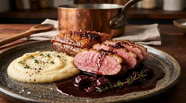 Gourmet duck breast with crispy skin, creamy mashed potatoes, cherry reduction sauce, rustic plate, copper pot, wooden table, elegant fine dining photography.
