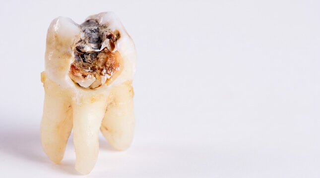 Close Up of Extracted Human Tooth Suffering from Deep Caries Lesion and Pulpitis with White Back Ground Copy Space