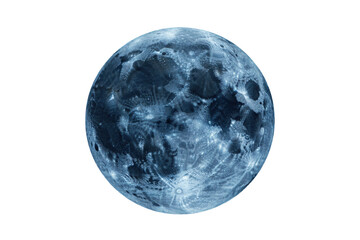 Fototapeta premium Full moon sphere with detailed craters and lunar surface texture in shades of deep blue and white isolated on a transparent background