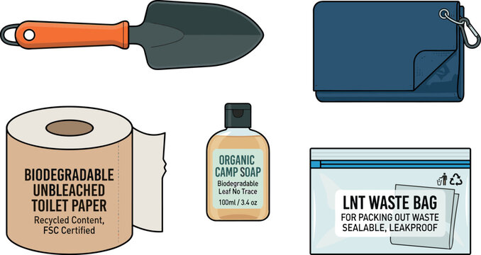 Outdoor Camping Hygiene and Leave No Trace Gear Vector Set with Biodegradable Toilet Paper Trowel Shovel Organic Soap and LNT Waste Bag