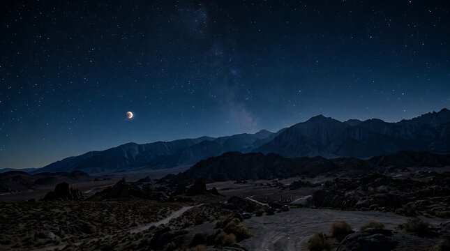 Milky Way and Moon over Desert Mountains at Night