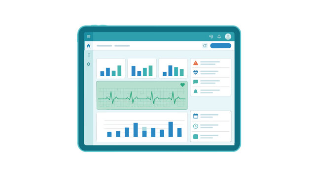 Patient health monitoring dashboard with ekg telemetry and data analytics on a digital tablet in modern flat vector style for telehealth software applications