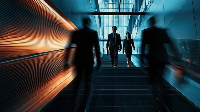 Modern Business Professionals Ascending Escalator in Blurred Motion within a Sleek Corporate Environment