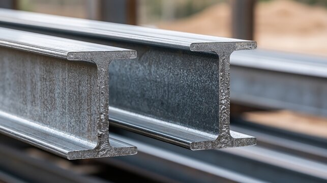 Close-up of stacked structural steel I-beams, essential for construction and industrial projects