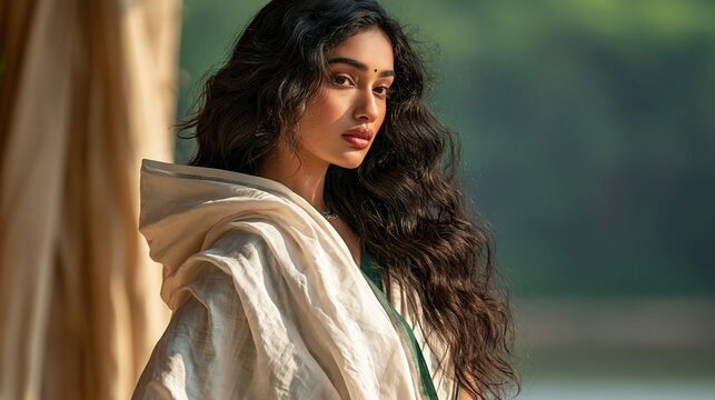 Elegant South Asian woman with traditional bindi and flowing dark hair, serene outdoor portrait
