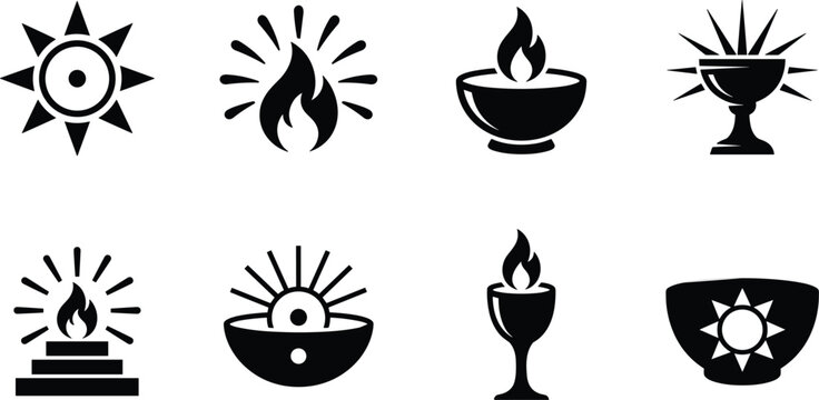  Zoroastrian Faravahar and sacred fire flame icons set featuring temple chalice sun altar diya religious symbols