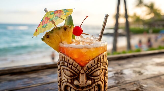 Vibrant tropical Mai Tai cocktail served in an ornate carved wooden tiki mug with a colorful mini umbrella, fresh pineapple wedge, and bright red maraschino cherry.