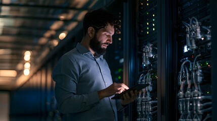 Fototapeta premium AI Data Center Engineer Monitoring Liquid-Cooled Server Infrastructure