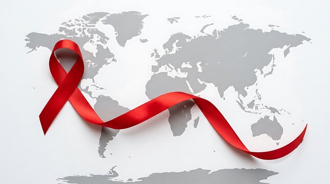 Red awareness ribbon resting on top of a gray world map background with awareness