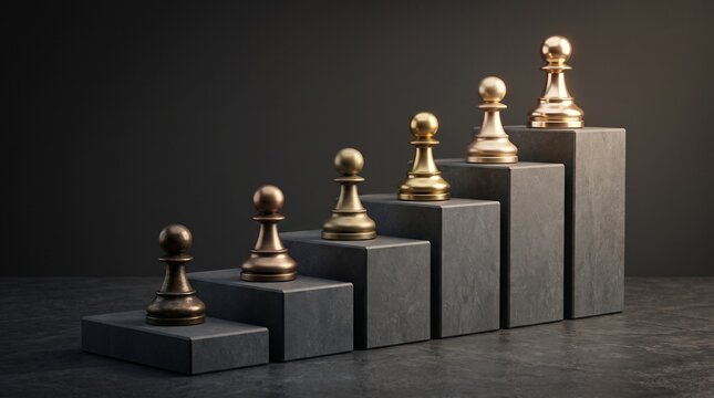 Chess Pawns Rising on Stone Stairs from Bronze to Gold Representing Career Advancement and Strategic Growth