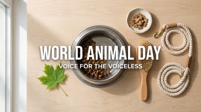 Animal day flat lay with metal pet food bowl dry kibble rope leash wooden grooming brush and a green maple leaf on a light wood surface