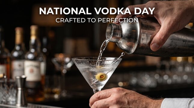 Bartender pouring clear vodka from a stainless steel cocktail shaker into a martini glass with a green olive on a toothpick inside a dimly lit bar setting