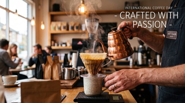 Barista pouring hot water from a copper gooseneck kettle into a glass pour over coffee dripper with paper filter sitting on a digital scale in a cafe setting with blurred customers in background