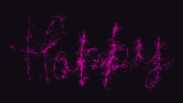Neon pink glowing word Happy written in sparkly particles and magic dust font style isolated on dark background, artistic typography design for celebration greeting card or party poster banner