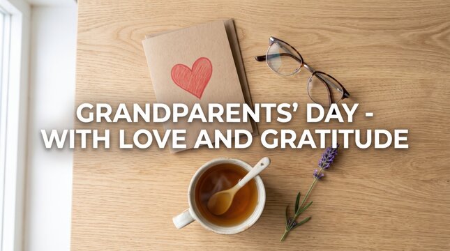 Brown greeting card with red heart beside eyeglasses a cup of tea with a wooden spoon and a sprig of lavender on a light wood grain table surface