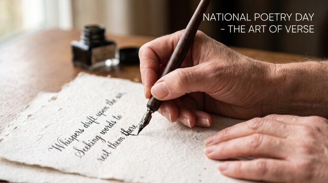Close up of a person writing poetry with a dark wooden dip pen and black ink on textured handmade paper resting on a wooden desk surface
