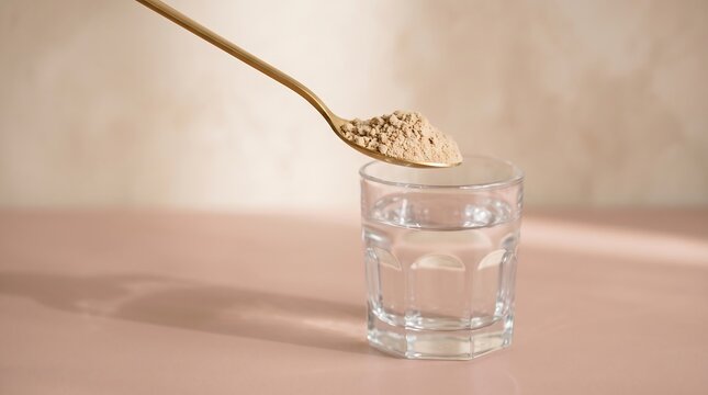Collagen Powder on Wooden Spoon Above Glass of Water, Dietary Supplement and Healthy Nutrition Concept with Protein Peptides for Wellness, Beauty and Daily Health Routine