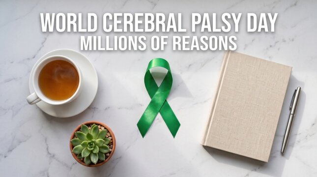 Cerebral palsy day flatlay with green awareness ribbon tea cup succulent plant closed notebook and silver pen on white marble surface