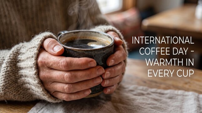 Close up of hands in a beige knitted sweater holding a dark ceramic mug filled with steaming hot black coffee on a wooden table with a linen cloth