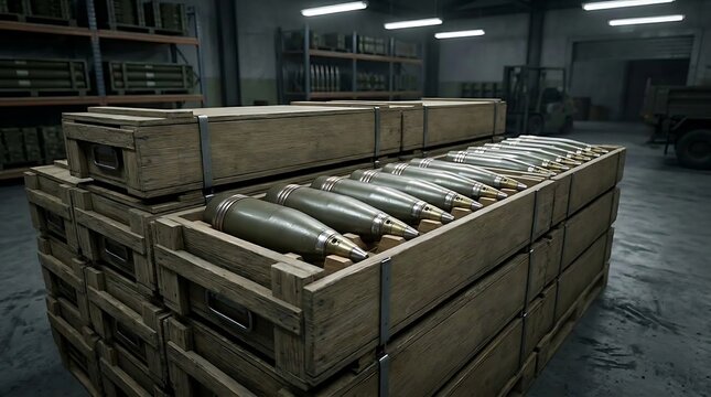 Military Artillery Shells in Wooden Crates in Warehouse Depot