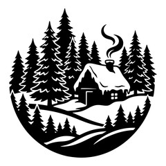 Obraz premium Winter Cabin in Forest Black and White silhouette vector illustration