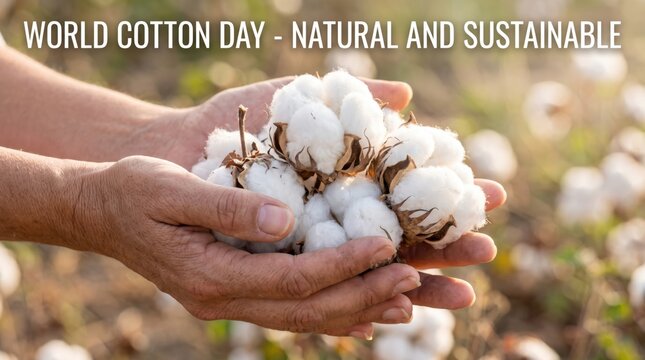 Close up of human hands holding a cluster of fluffy white raw cotton bolls against a blurred outdoor field background with natural sunlight and soft focus textures