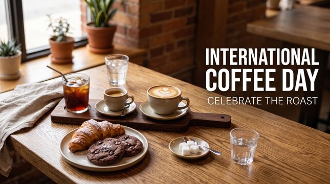 Coffee tasting flight with a croissant and chocolate chip cookies on a wooden table in a cafe setting with potted plants and text overlay