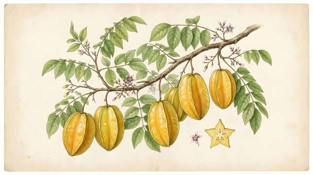 Botanical illustration of ripe star fruits on leafy branch with blossoms and sliced carambola fruit
