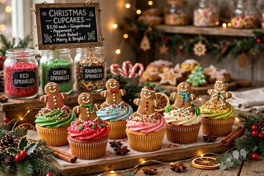 Christmas cupcakes with gingerbread man toppers colorful frosting bakery display sprinkle jars chalkboard sign